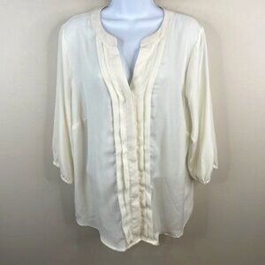 212 Collection Womens Pleated Button Up Top 1X Ivory 3/4 Sleeve Neutral Timeless